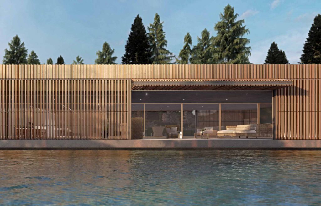 Vista frontale di un edificio rivestito in legno con Ginocchiera aperta