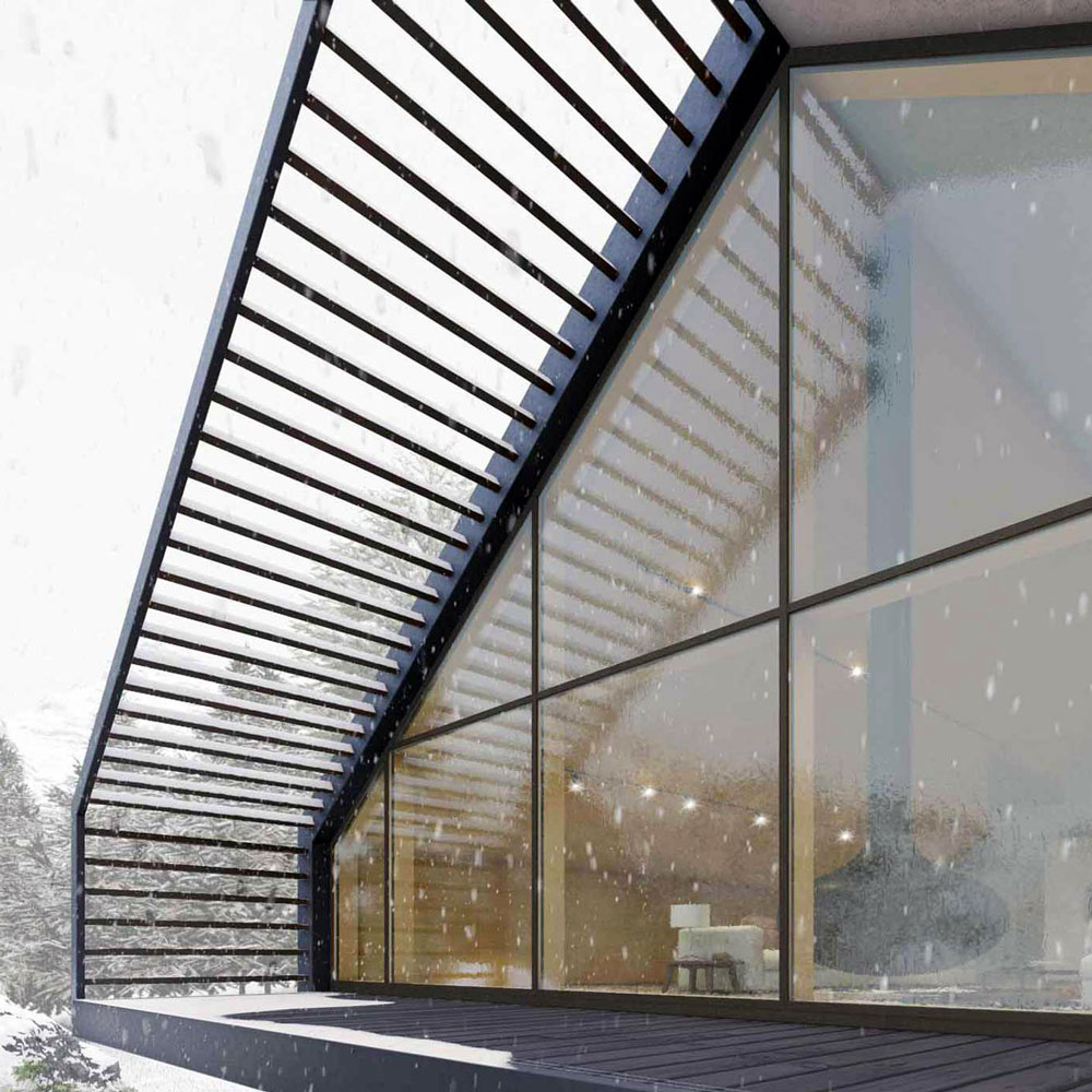 Vista esterna di una parete vetrata con facciata continua in legno rivestito bronzo