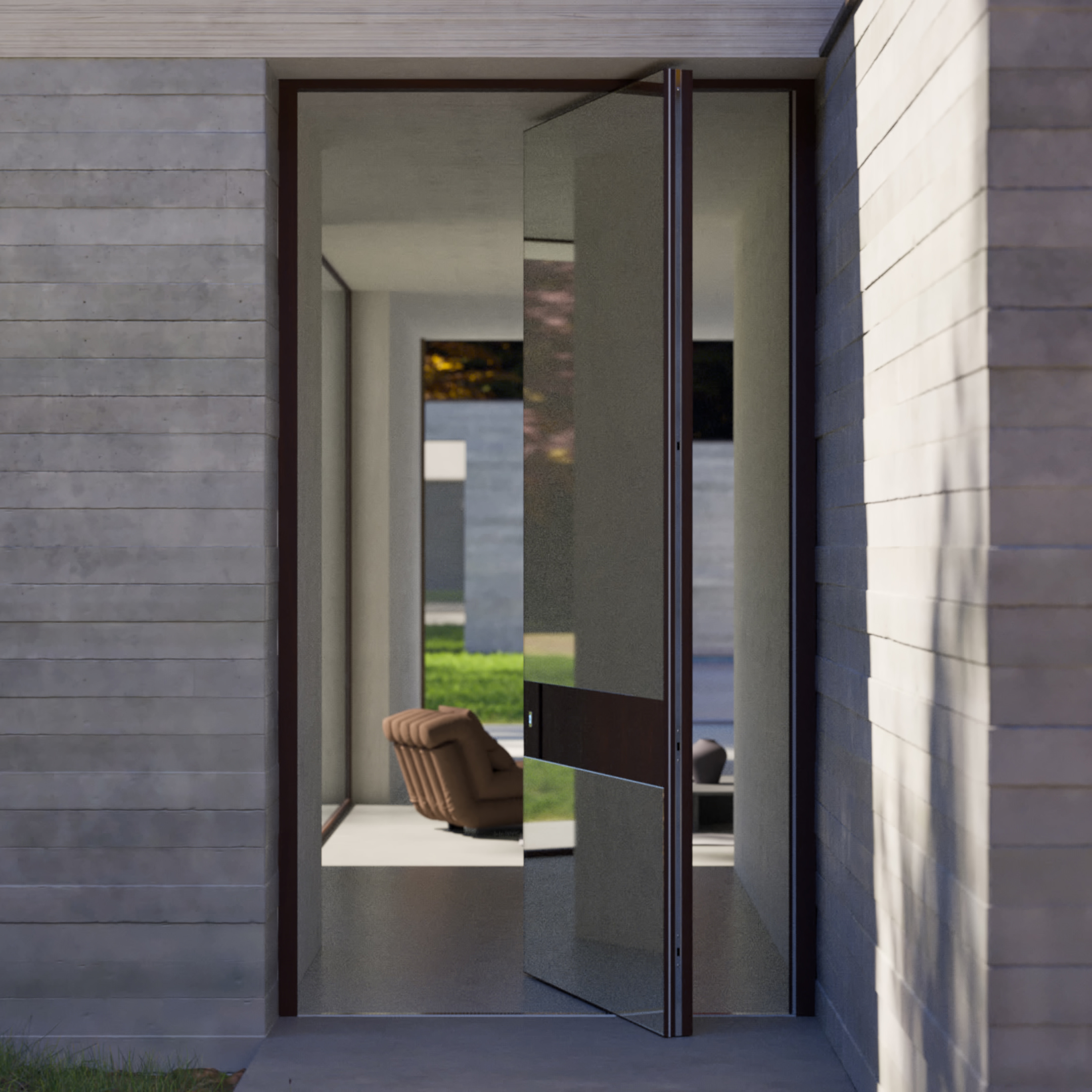 Portoncino d’ingresso a bilico Seaview rivestito con pannello specchiato e fascia in mogano