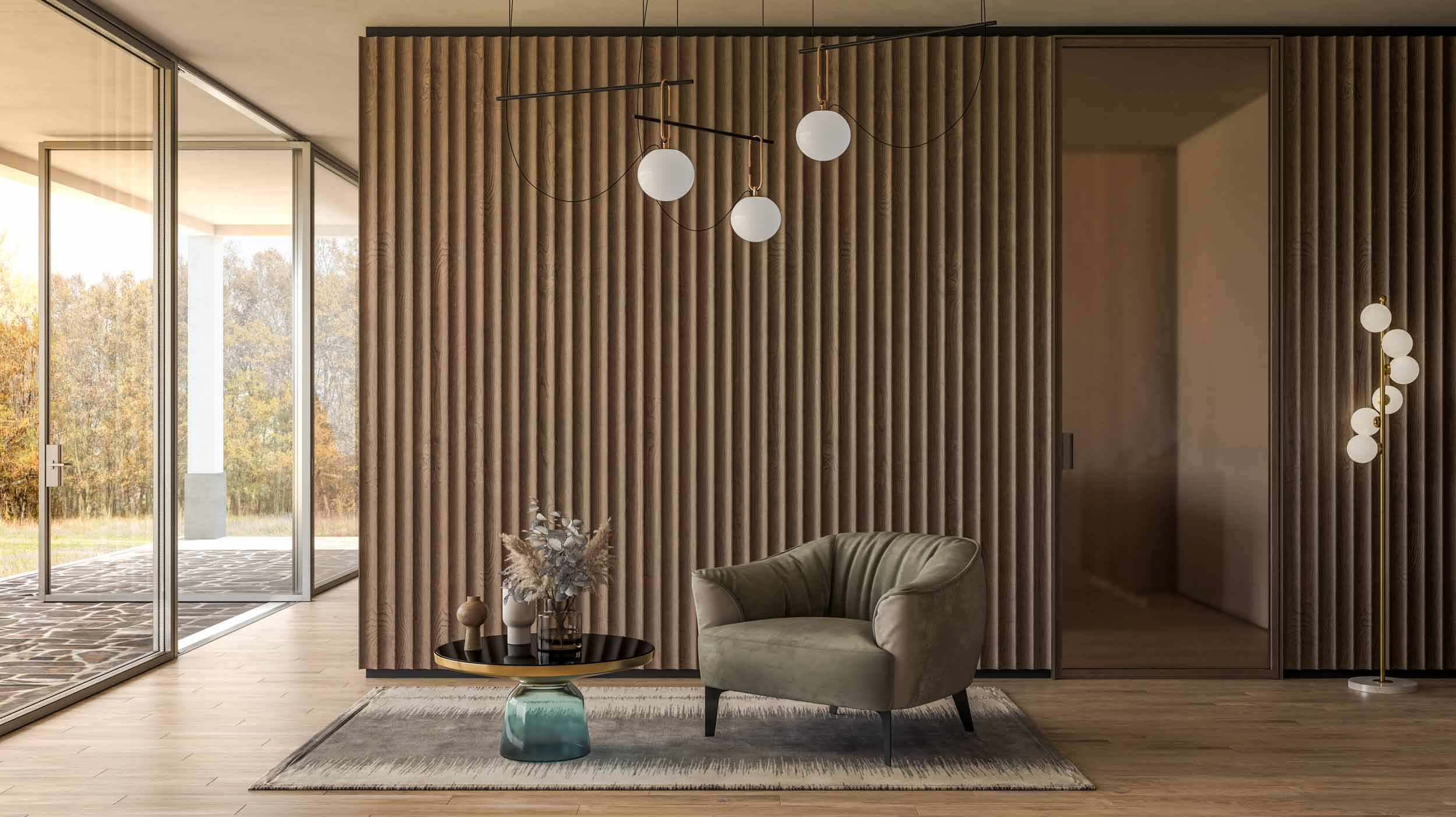 Vista della boiserie in legno e della porta interna con telaio minimale in metallo