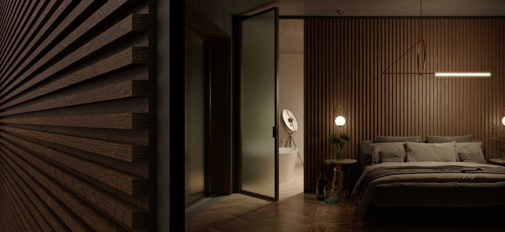 Night view of a swing door and detail of the boiserie