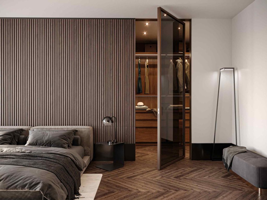 Porta interna a bilico Lady in rovere con vetro trasparente bronzo