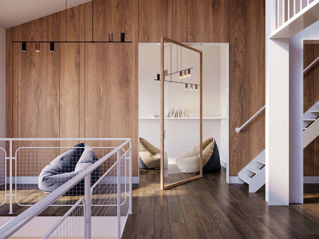 Porta interna a bilico Lady in rovere naturale chiaro e vetro trasparente