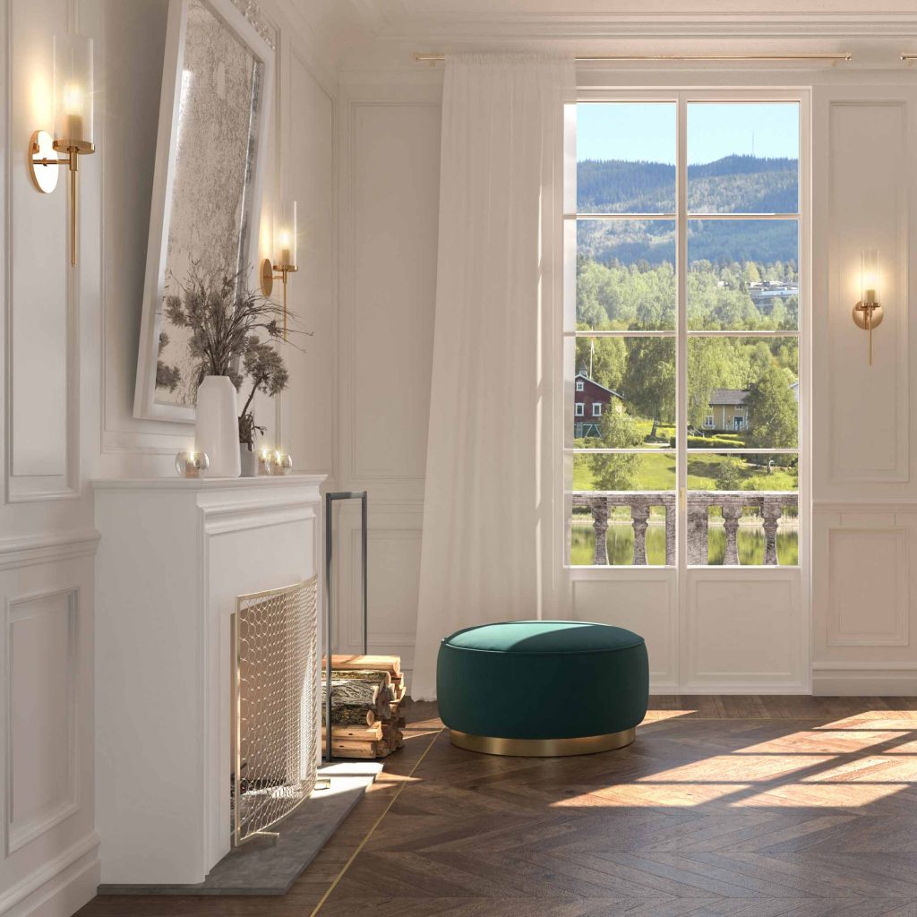 View of a bedroom with classic white wall paneling