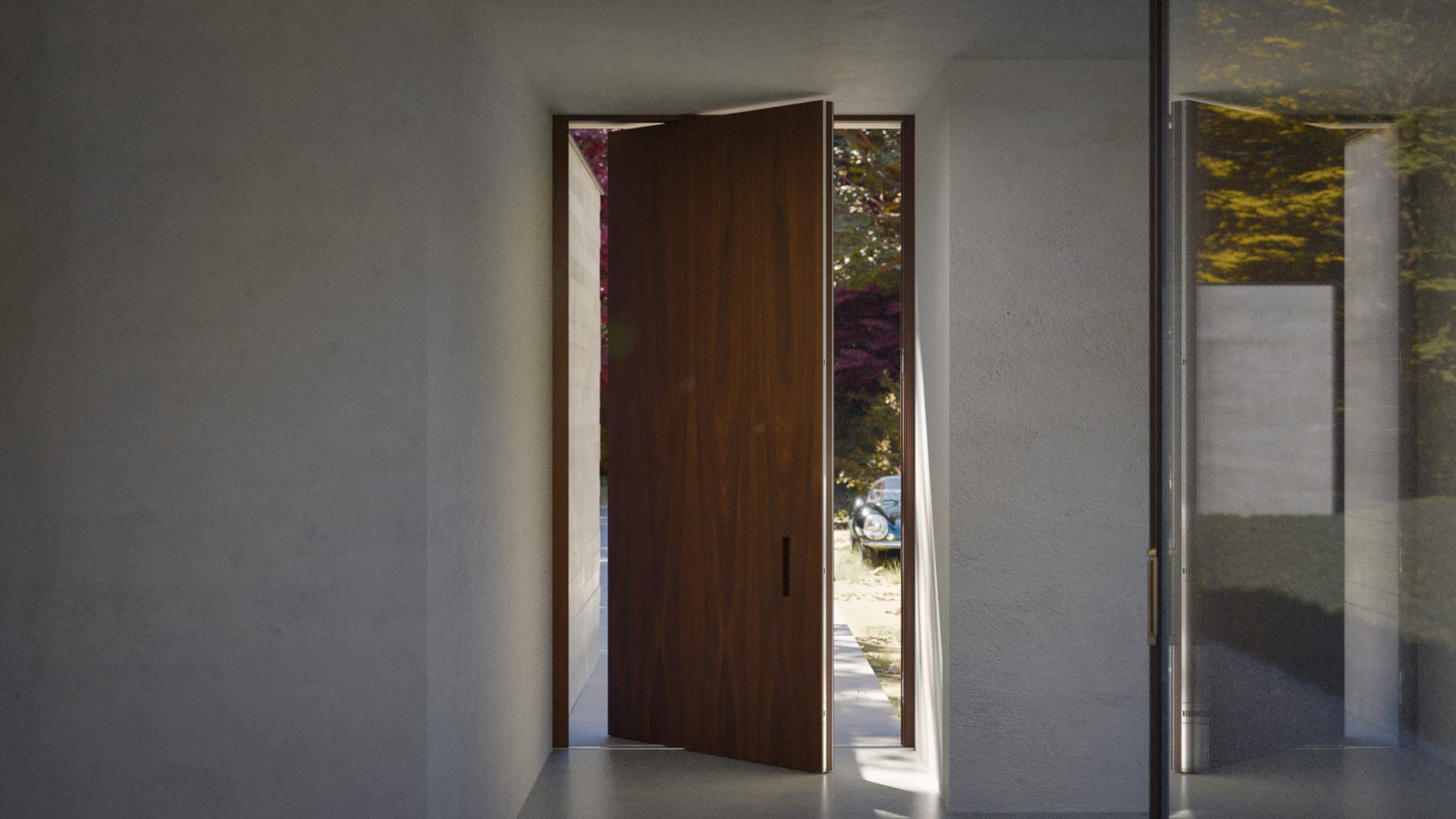 Vista interna del portoncino Seaview con rivestimento in mogano